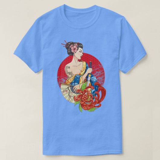 Geisha Girl Katana Sword and Tattoo of Dragon Japa Tシャツ (デザイン正面)