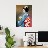 Geisha in blue kimono art ポスター (ホームオフィス)