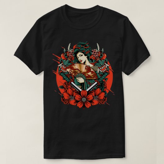 Geisha Japanese Oni Mask Yokai Samurai Katana Swor Tシャツ (デザイン正面)