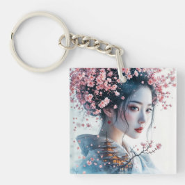  Geisha portrait, cherry blossoms, Japanese art, キーホルダー