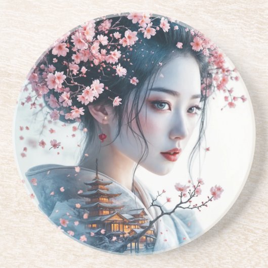  Geisha portrait, cherry blossoms, Japanese art, コースター (正面)