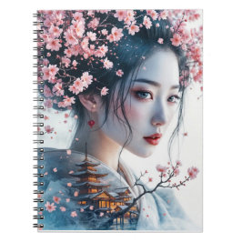  Geisha portrait, cherry blossoms, Japanese art, ノートブック