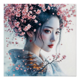 Geisha portrait, cherry blossoms, Japanese art, ポスター