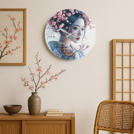  Geisha portrait, cherry blossoms, Japanese art, ラージ壁時計