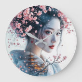  Geisha portrait, cherry blossoms, Japanese art, ラージ壁時計 (正面)