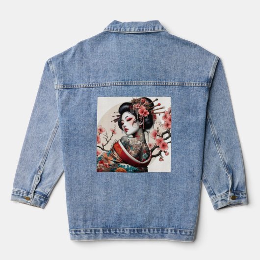 Geisha Portrait Denim Jacket | Floral Back Art デニムジャケット (裏面)