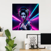 Geisha with Neon Background – Fridge Magnet Art ポスター (ホームオフィス)