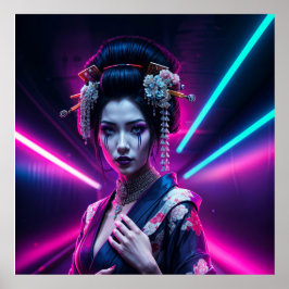 Geisha with Neon Background – Fridge Magnet Art ポスター