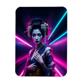 Geisha with Neon Background – Fridge Magnet Art マグネット