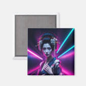 Geisha with Neon Background – Fridge Magnet Art マグネット (正面/裏面)