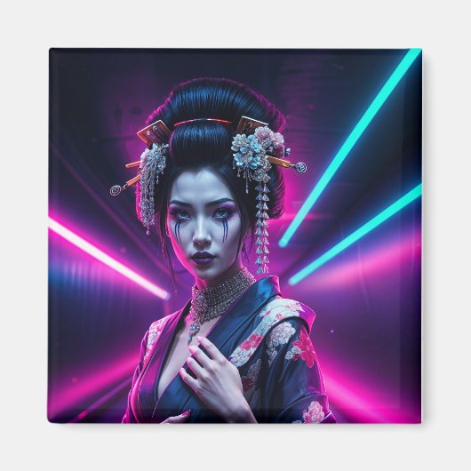 Geisha with Neon Background – Fridge Magnet Art マグネット (正面)
