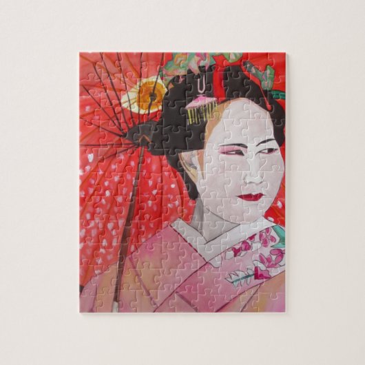 Geisha with Red Umbrella original art painting ジグソーパズル (縦)
