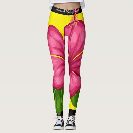 Gelb Hibiskus Blume Rosa Leggings レギンス (正面)