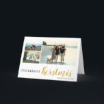 Gelukkigsre Kerstmis 3 foto collageファミリー シーズンカード<br><div class="desc">Stuur warme feestadagensenはdeze elegante kerstkaart、voorzien vanは3fotoコラージュで出会った。Voeg jfavoriete familefoto's toe en maak een unieke en persoonlijke kerstgroet voor vrienden en famileee.Met zijn stjlvolle ontwerp en ruimte voor meerdere foto's is deze kaart perfect om de mooiste momenten van het jaar te delen.</div>