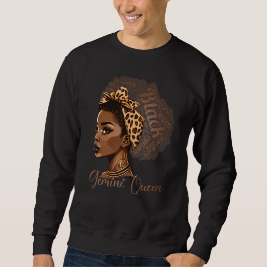 Gemini Queen Leopard Afro Melanin Zodiac Horoscope スウェットシャツ (正面)