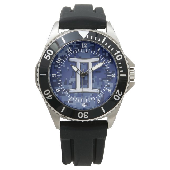 Gemini Sign on Navy Blue Digital Camouflage Dial 腕時計 (正面)