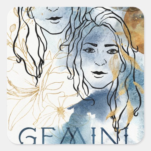 Gemini twins birthday zodiac astrology blue gold スクエアシール (正面)
