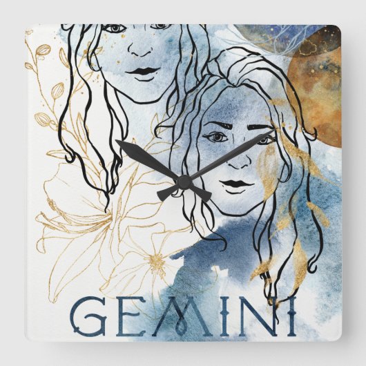 Gemini twins birthday zodiac astrology blue gold スクエア壁時計 (正面)