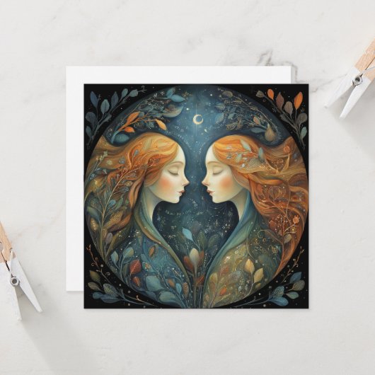 Gemini Twins Zodiac Astrology Mystical Birthday カード (正面/裏面インサイチュ)