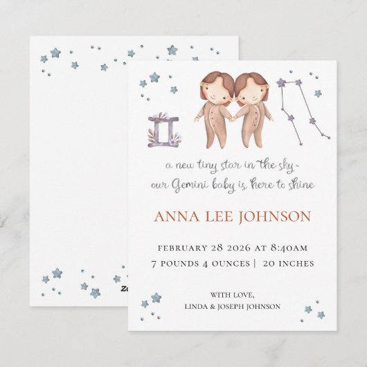 Gemini Zodiac Birth Announcement シーズンカード (正面/裏面)