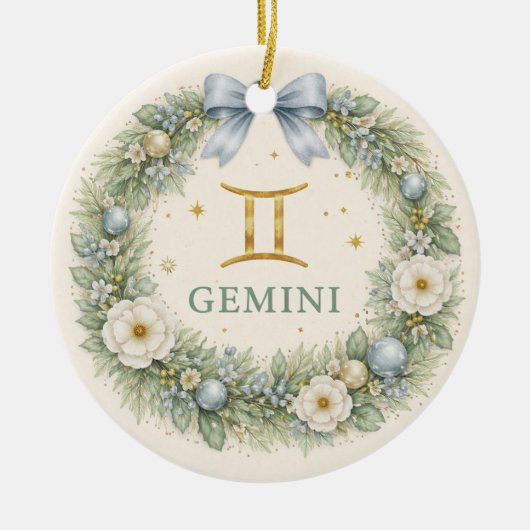 Gemini Zodiac Christmas Ornament – Winter Floral W セラミックオーナメント (正面)