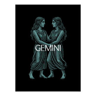 Gemini Zodiac – Vintage Twins in Teal on Black ポスター