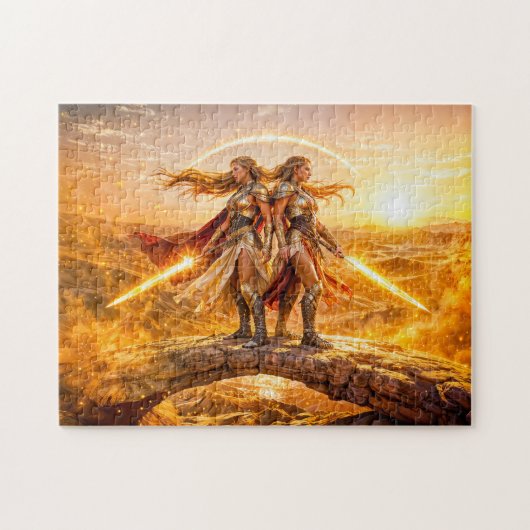 Gemini Zodiac with Twin Warrior Women and Glowing  ジグソーパズル (横)