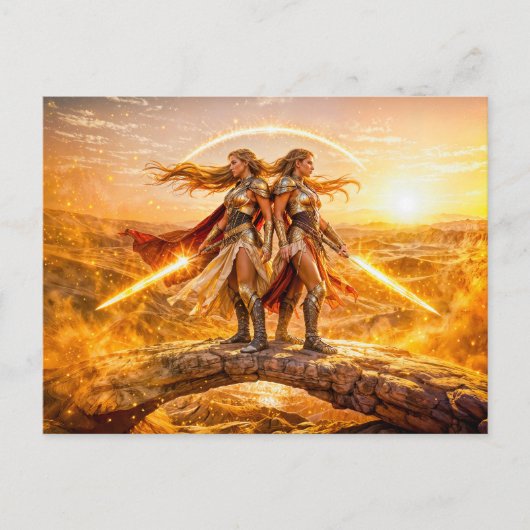 Gemini Zodiac with Twin Warrior Women and Glowing  ポストカード (正面)