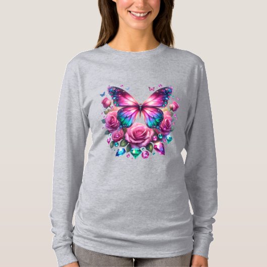 Gemstone Butterfly With Pink Roses T-Shirt Tシャツ (正面)