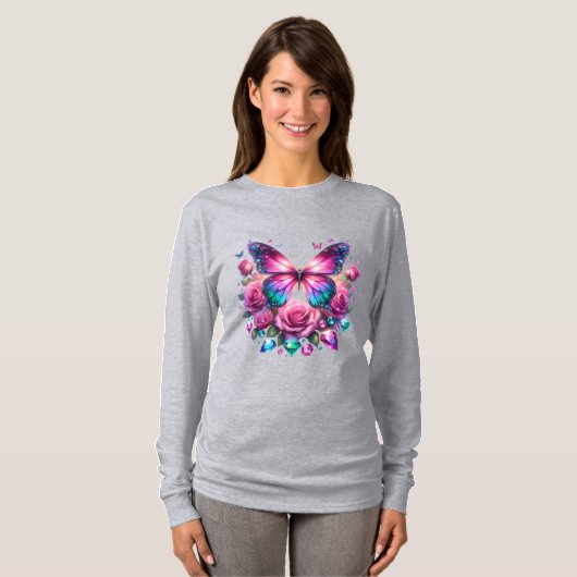 Gemstone Butterfly With Pink Roses T-Shirt Tシャツ (正面フル)
