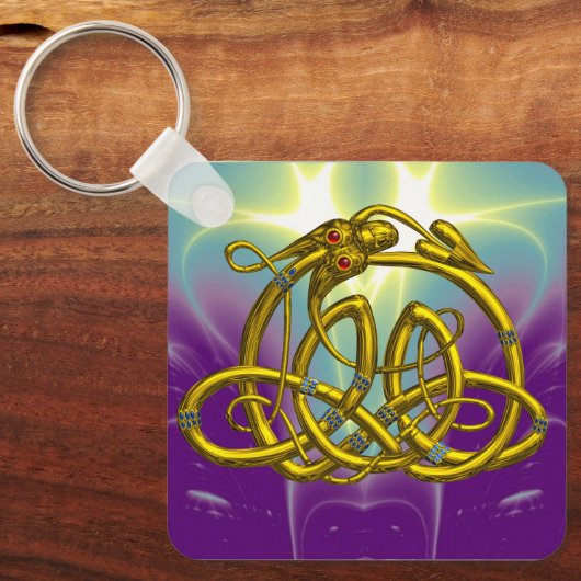 Gemstonesを使用したHYPER DRAGON金ゴールドケルト結び目模様 キーホルダー (正面)