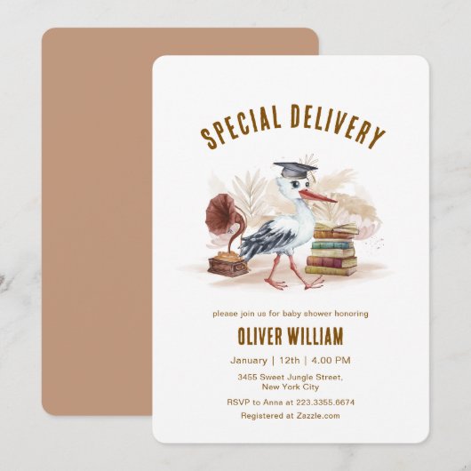 Gender Neutral Boho Storybook Stork Baby Shower   招待状 (正面/裏面)