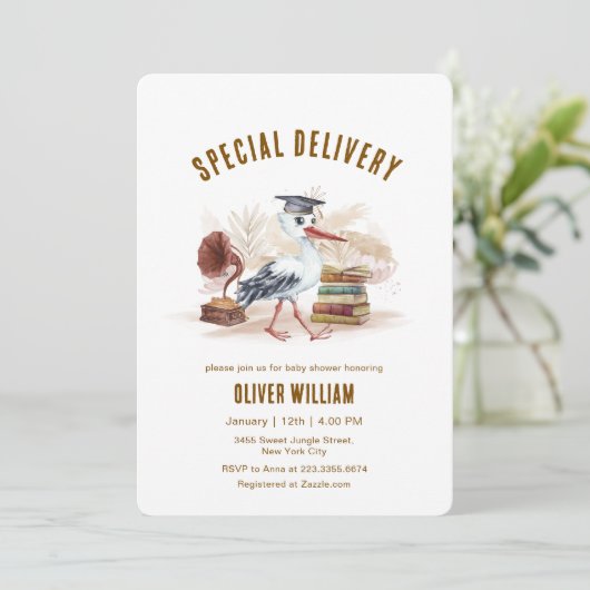 Gender Neutral Boho Storybook Stork Baby Shower   招待状 (スタンド正面)