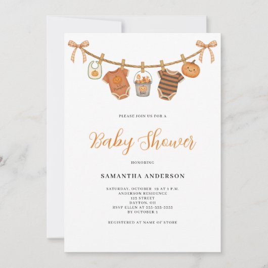 Gender Neutral Clothesline Halloween Baby Shower  招待状 (正面)