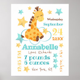 Gender Neutral Cute Giraffe Stars Baby Birth Stats ポスター
