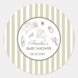 Gender Neutral doodle cupid Baby Shower Green ラウンドシール