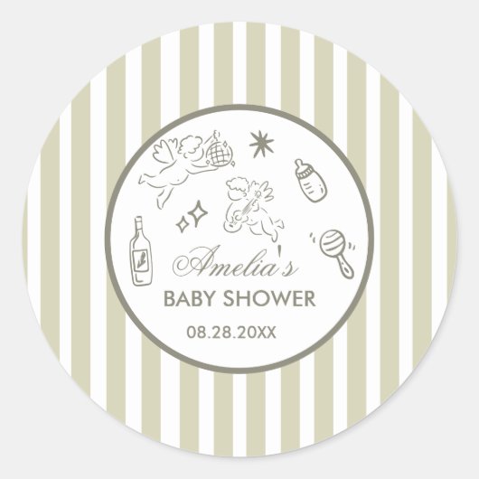 Gender Neutral doodle cupid Baby Shower Green ラウンドシール (正面)