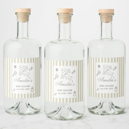 Gender Neutral doodle cupid Baby Shower Green リキュールボトルラベル (ボトル)