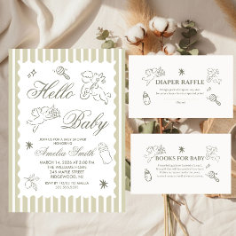 Gender Neutral doodle cupid Baby Shower Green 招待状