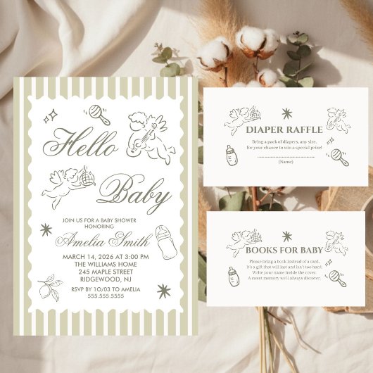 Gender Neutral doodle cupid Baby Shower Green 招待状