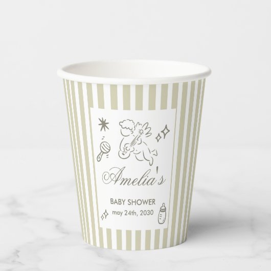Gender Neutral doodle cupid Baby Shower Green 紙コップ (正面)