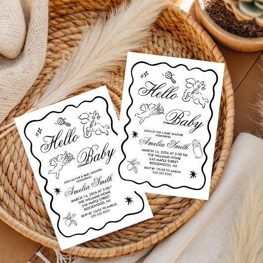 Gender Neutral doodle cupid Baby Shower Invitation 招待状