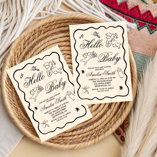 Gender Neutral doodle cupid Baby Shower Invitation 招待状