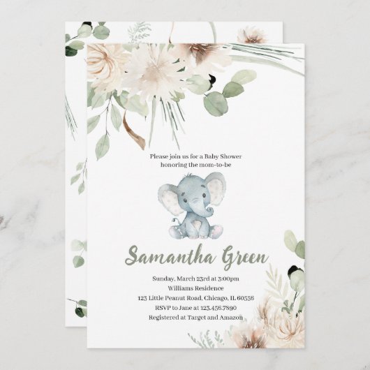 Gender Neutral Elephant Baby Shower 招待状 (正面/裏面)