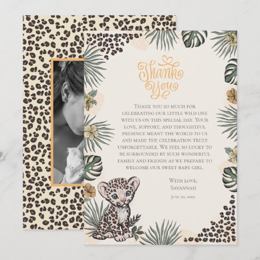 Gender Neutral Leopard Cub Thank You Baby Shower サンキューカード (正面/裏面)