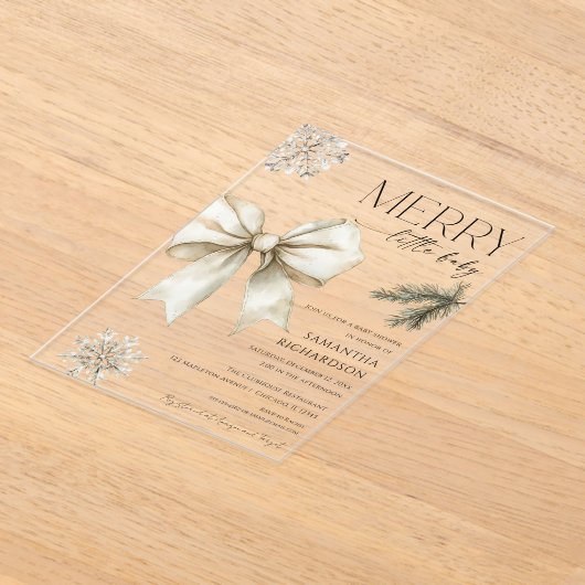 Gender neutral rustic bow snowflakes baby shower アクリル招待状 (レイダウン)