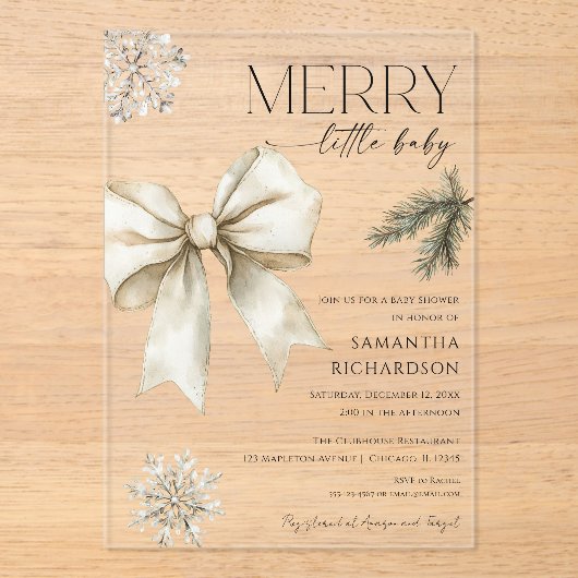 Gender neutral rustic bow snowflakes baby shower アクリル招待状 (正面)