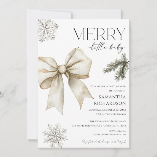 Gender neutral rustic bow snowflakes baby shower 招待状 (正面)