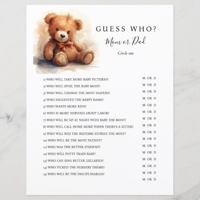 Gender Neutral Teddy Bear Baby Shower Game (正面)