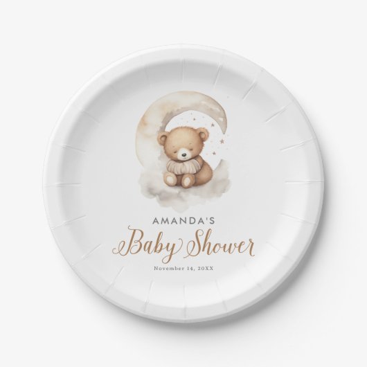 Gender Neutral Teddy Bear Moon Stars Baby Shower ペーパープレート (正面)